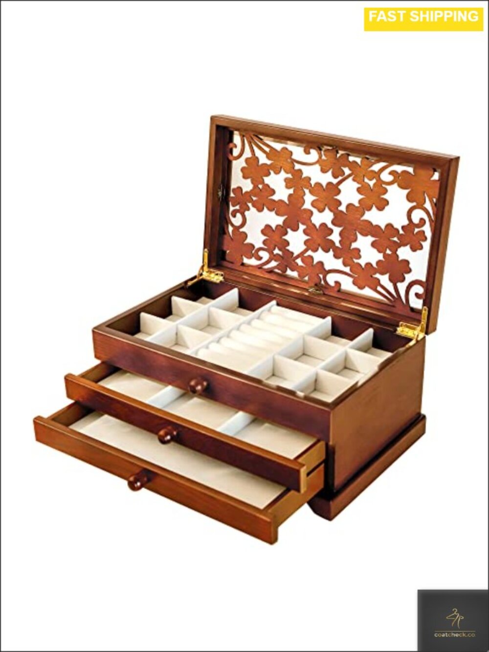 Wooden Jewelry Box 3 Layer Organizer Velvet Lined Storage Case
